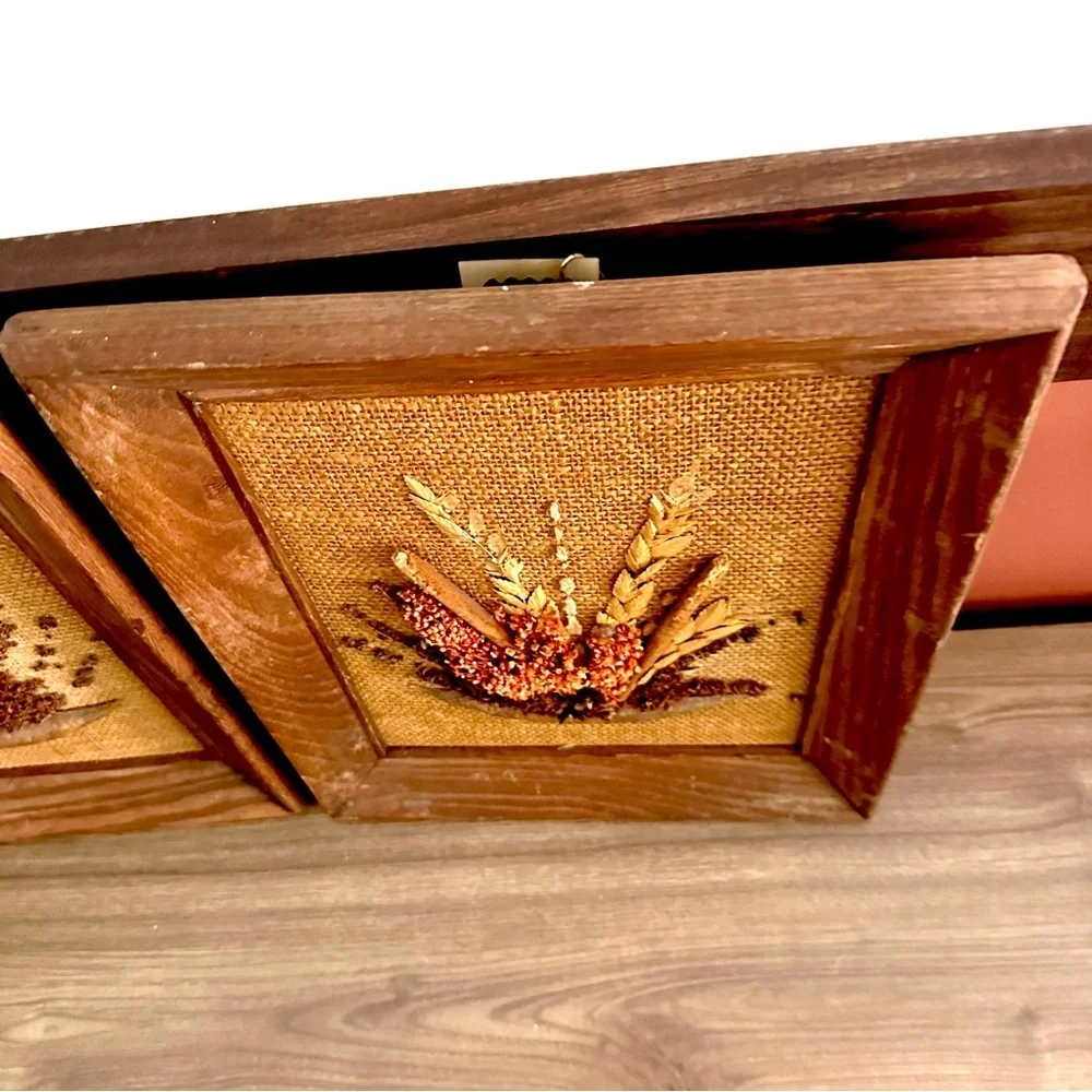 MCM Framed Natural Dried Florals On Burlap By Mallard Frame Wall Hangings Pair